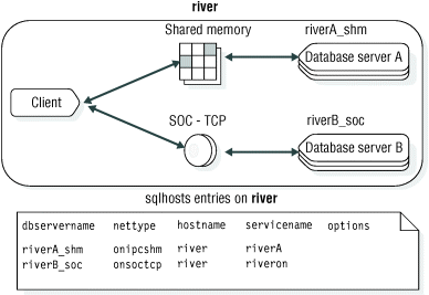 In this figure, a client application and the river_shm database server communicate with each other through shared memory. The same client application and a database server named river_soc are connected through a TCP/IP programming interface. The following text contains more information.