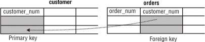 Portions of two database tables are shown graphically as collections of rectangular cells like a table or a matrix. Some of the columns are labeled with the names of the represented column in the database table. For the table named "customer", only the customer_num column is labeled. The customer_num column is shaded and marked as the primary key of the table. For the table named "orders" two columns are labeled: order_num, and customer_num. The customer_num column is shaded and marked as the foreign key. A gray arrow points from one of the cells in the customer_num column of the orders table to one of the cells in the customer_num column in the customer table. This shows that the value in foreign key column refers to an existing value in the primary key column.