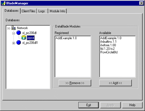 This illustration shows the Databases page of the BladeManager graphical user interface.