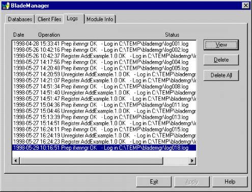 This illustration shows the Logs page of the BladeManager graphical user interface.