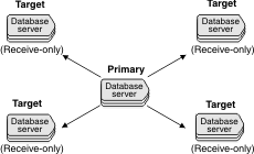 A single primary server sends data to four target servers that only receive data.