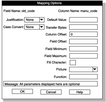 This window contains define options that onpload applies to the data before it inserts the data into the database (for a load job) or into the data file (for an unload job).