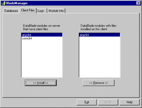 This illustration shows the Client Files page of the BladeManager graphic user interface.