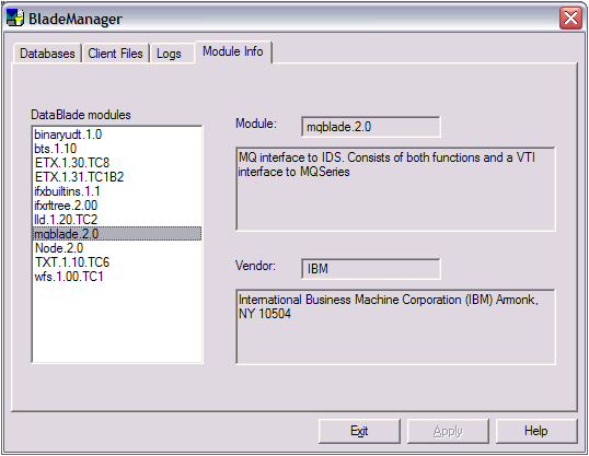 This illustration shows the Module Info page of the BladeManager graphical user interface.